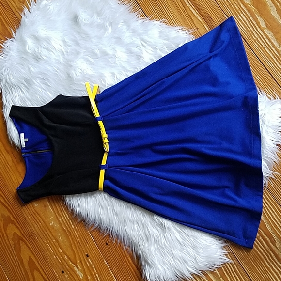 Just Ginger Dresses & Skirts - Blue & Black Sleeveless Dress with Yellow Belt